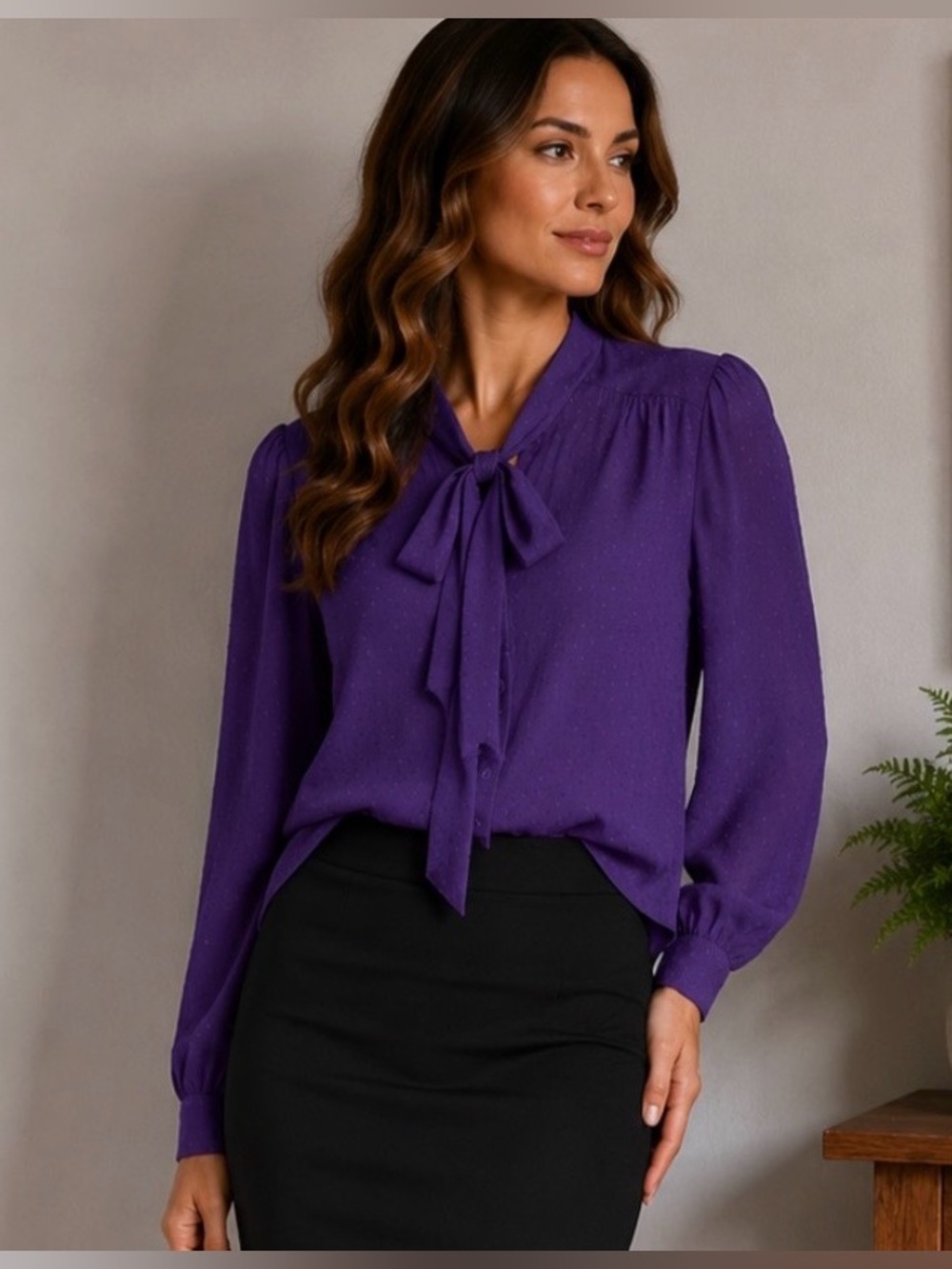 Purple Swiss dot Tie-Neck Blouse